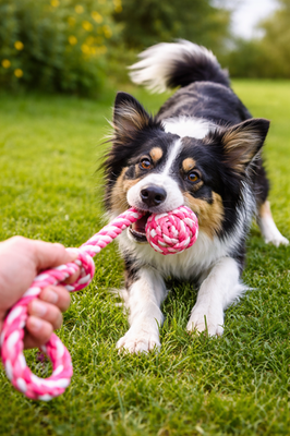 Spieltau mit eingeflochtenem Ball Seil ø 6,5/35 cm Hundespielzeug Rosa o. Blau