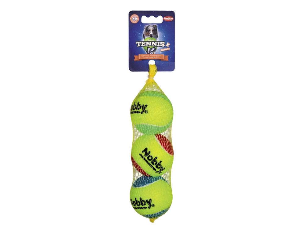 Nobby Tennisball mit Squeaker sortiert M 6,5 cm 3er Netz Ball Hund Dog Spielzeug
