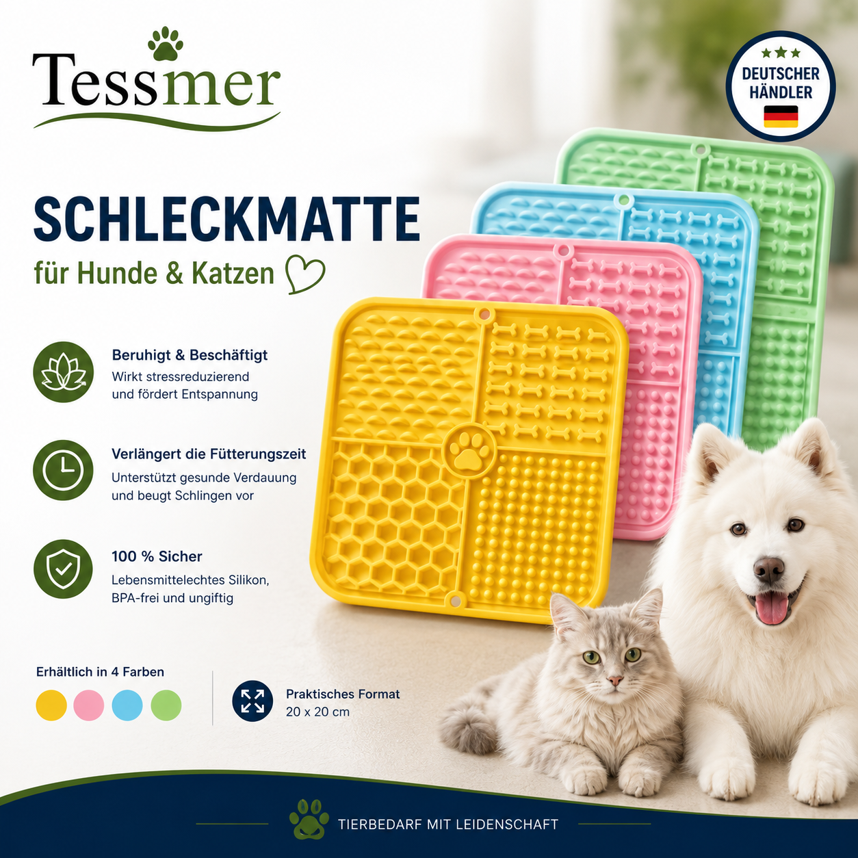 Tessmer Schleckmatte Hund Katze Silikon mit Saugnäpfen 20x20 cm