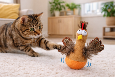 Katzenspielzeug Steh-auf-Huhn mit Federn und Sound Spielzeug