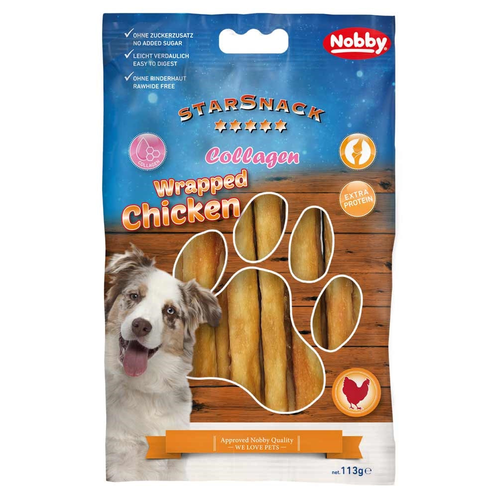 Nobby Hunde Leckerli BBQ Wrapped Chicken Kollagen für gesunde Gelenke 113g Snack