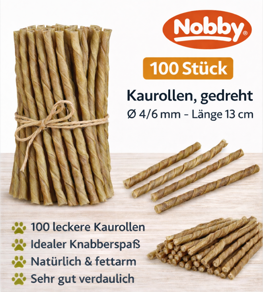 100 Stück Kaurollen gedreht Hund  Snack 13 cm 4-6 mm Kaustangen Leckerli Nobby