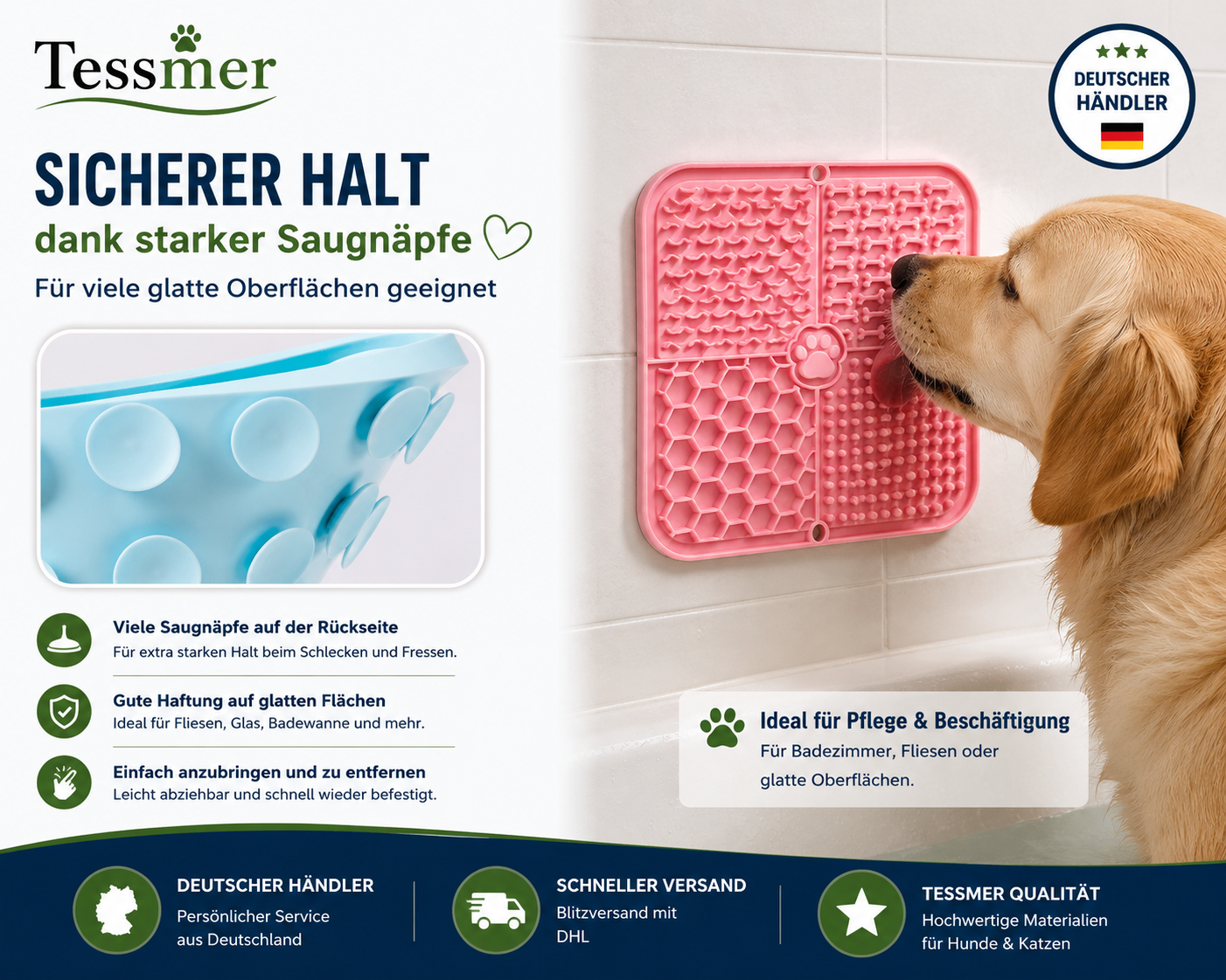 Tessmer Schleckmatte Hund Katze Silikon mit Saugnäpfen 20x20 cm