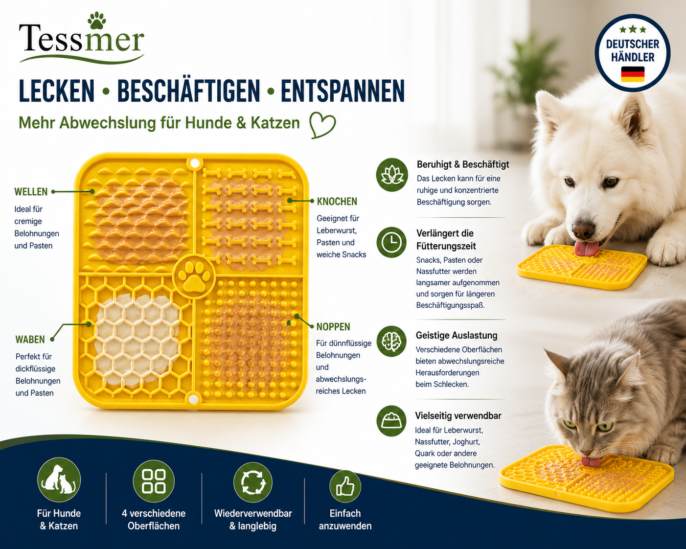 Tessmer Schleckmatte Hund Katze Silikon mit Saugnäpfen 20x20 cm
