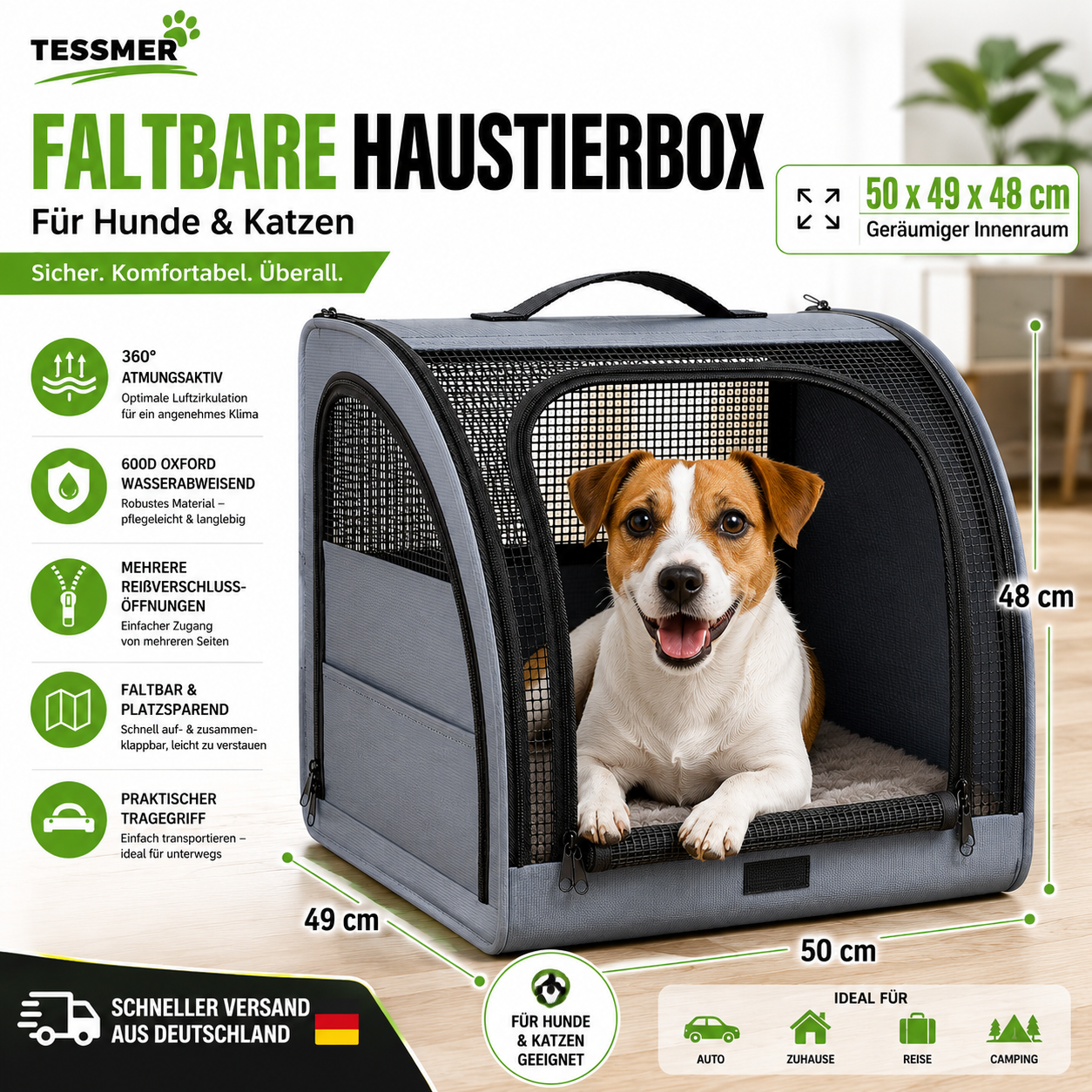 Autotransporttasche Hundebox Auto faltbar Hund Katze 50x48x49cm Kennel Transport