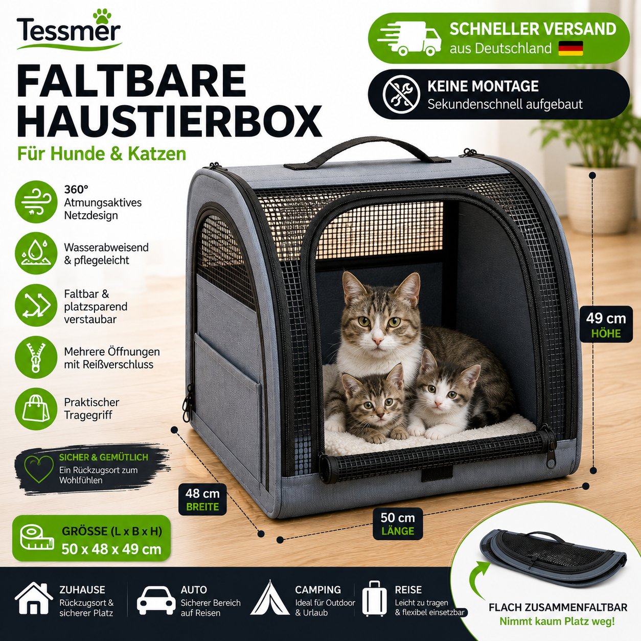 Autotransporttasche Hundebox Auto faltbar Hund Katze 50x48x49cm Kennel Transport