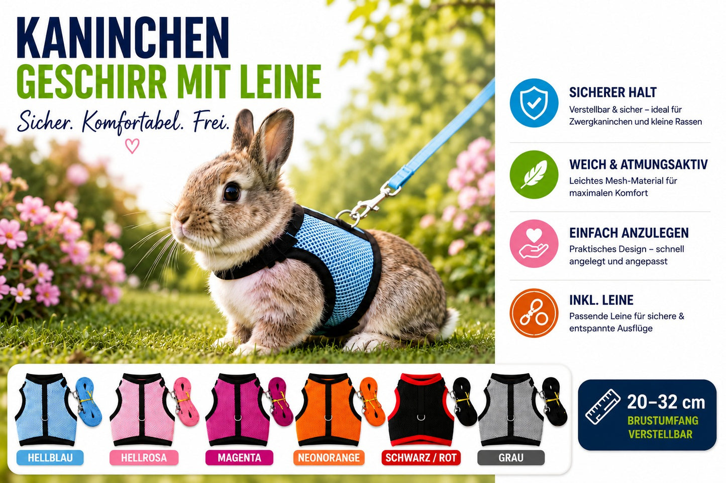 Zwergkaninchen Geschirr mit Leine Kaninchengeschirr Verstellbar 20-32cm