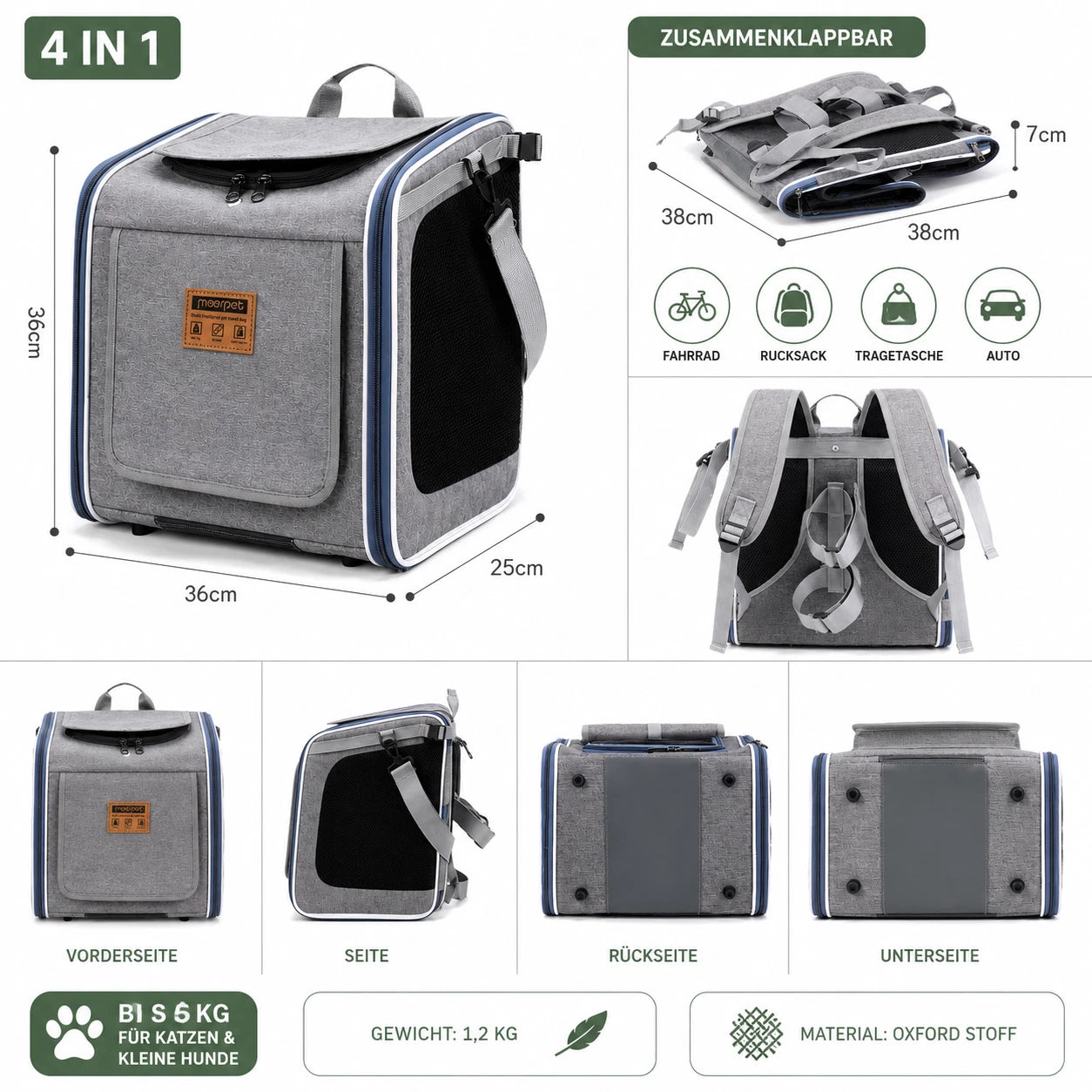 Fahrrad Hundekorb Hundetransport Rucksack 4-in-1 Haustier Tasche Faltbar bis 6kg
