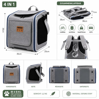 Fahrrad Hundekorb Hundetransport Rucksack 4-in-1 Haustier Tasche Faltbar bis 6kg